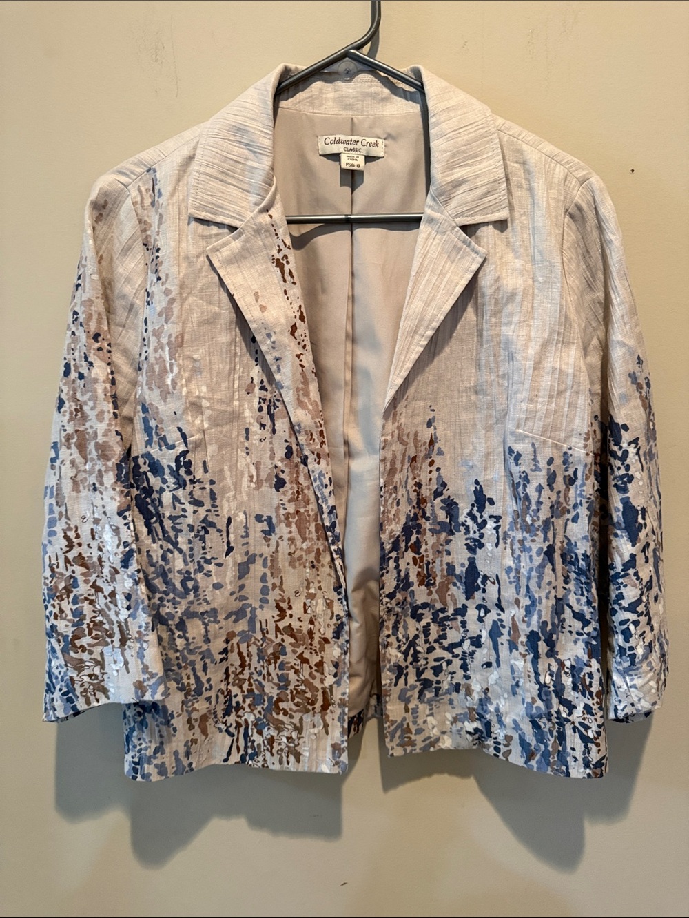 Coldwater Creek Beige Linen-Blend Blazer with Blue & Brown Print